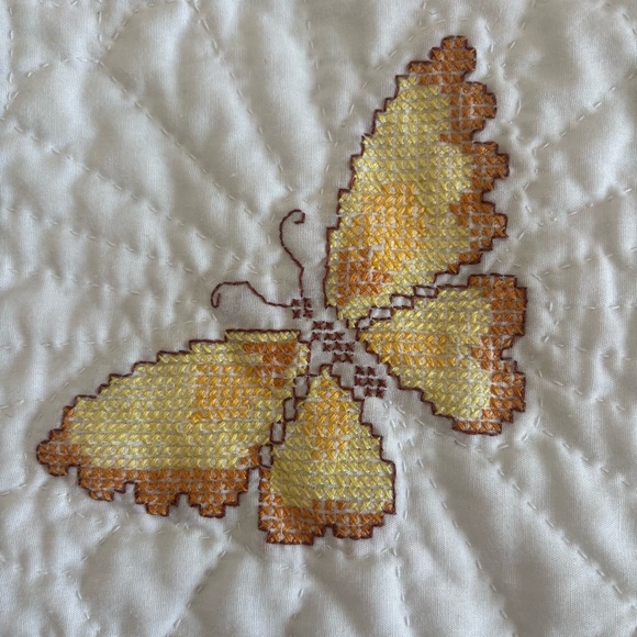 Handmade Quilted Cross Stitch Embroidered Butterfly & Floral Cotton Pillow Sham - Picture 2 of 15